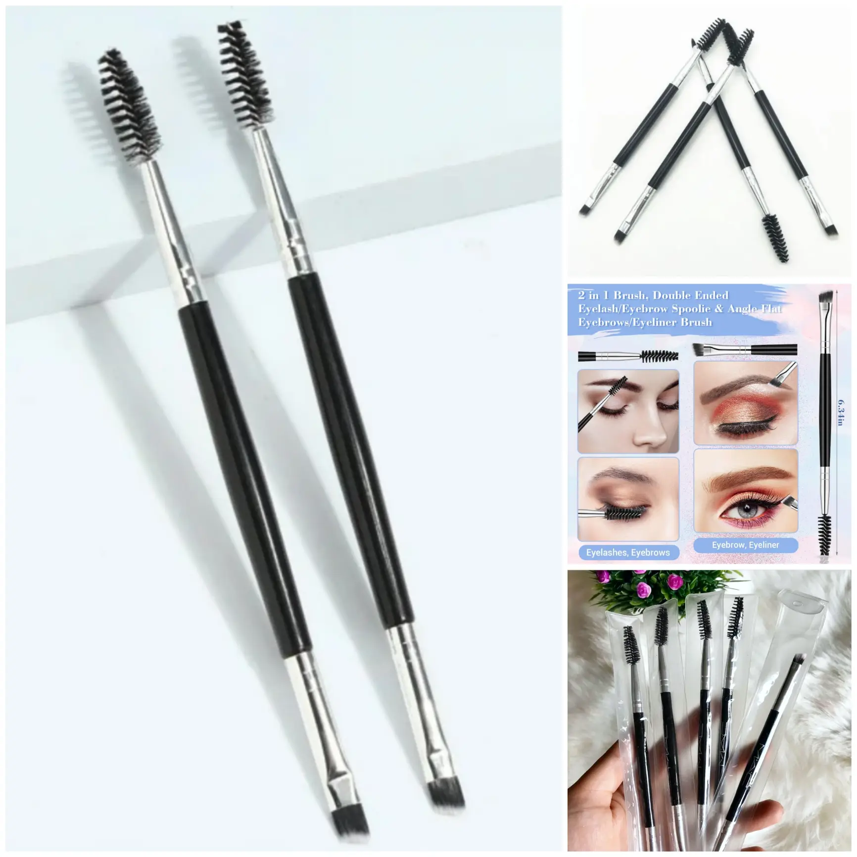 Pincel doble - Multiusos para ojos y cejas. Con brocha angular de precisión (ideal para delineador o relleno de cejas) y cepillo mezclador/peinador (para difuminar o separar pestañas). Diseño ergonómico y portátil. El accesorio esencial para un maquillaje impecable