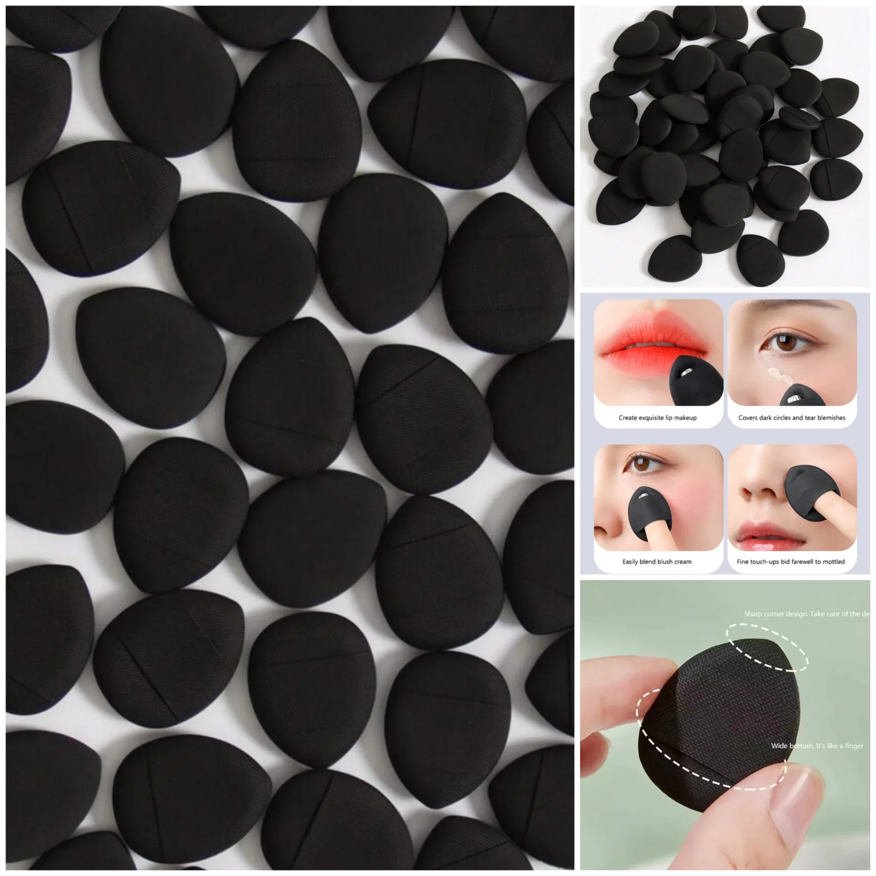 Esponja de dedo - Para maquillaje de precisión. Diseño ergonómico que se ajusta a tu dedo para difuminar base, corrector o sombras en zonas difíciles (ojeras, nariz, contorno de labios). Textura suave y no absorbe producto.