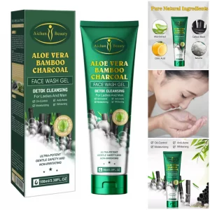 Limpiador Facial de Aloe Vera y Carbón de Bambú Aichun Beauty - Limpiador purificante con carbón de bambú y aloe vera para piel grasa y acneica. Elimina toxinas, controla el exceso de sebo y calma la irritación. 100ml