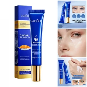 Contorno de Ojos Sadoer con Caviar y Ácido Hialurónico - Hidrata profundamente, estimula colágeno y disminuye bolsas con su fórmula de caviar nutritivo. Textura ultra ligera que se absorbe al instante, ideal para pieles secas o maduras. 20ml