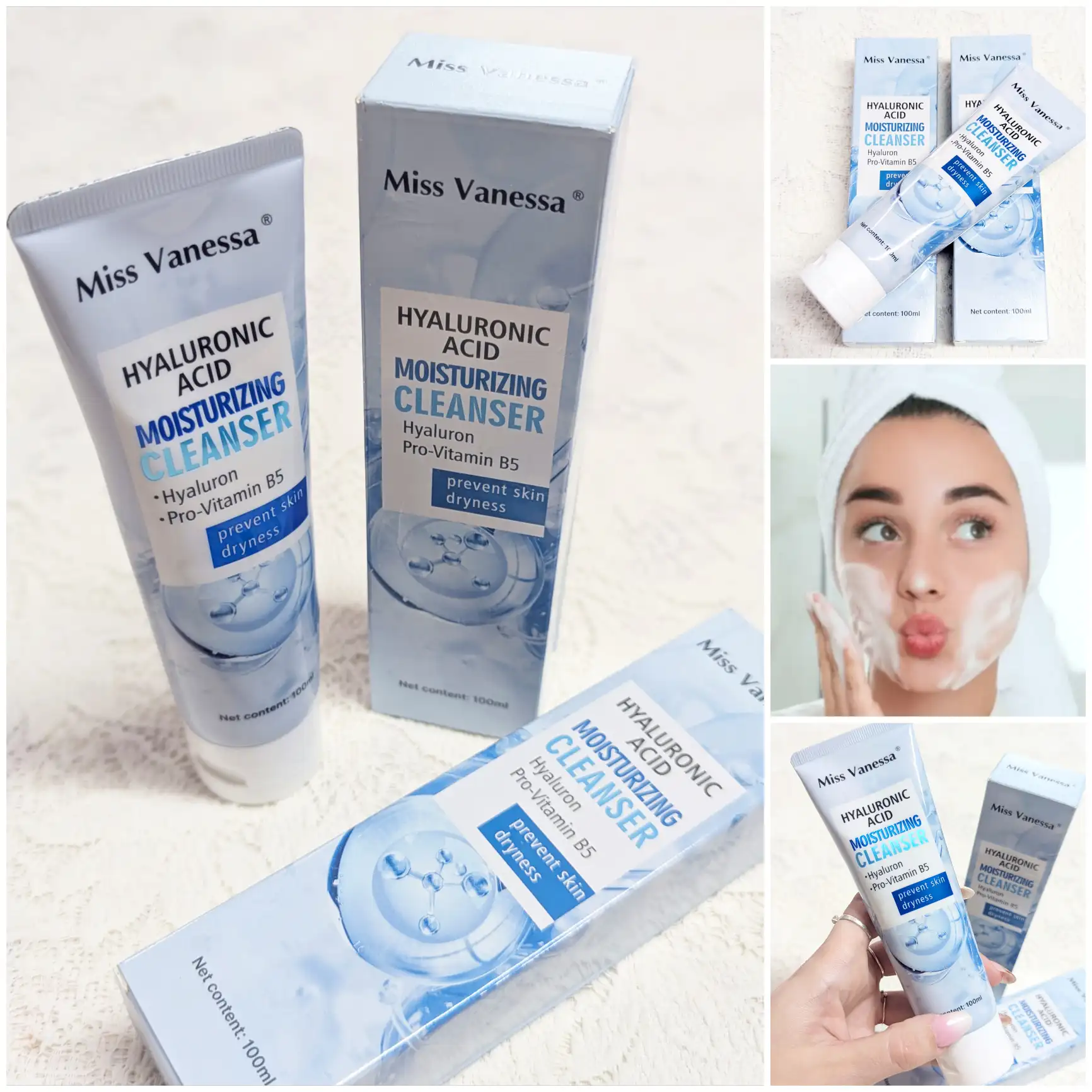 Limpiador Facial de Ácido Hialurónico y B5 Miss Vanessa - Limpiador facial con ácido hialurónico y pantenol para hidratación profunda y reparación de la barrera cutánea. Ideal para piel seca o sensible. 100ml