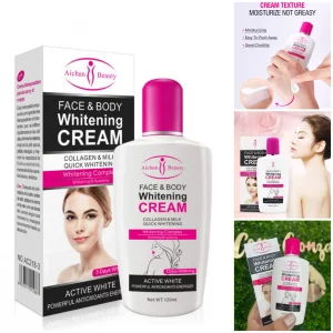 Crema Blanqueadora Aichun Beauty con Colágeno y Extracto de Leche - Reduce manchas oscuras, cicatrices y unifica el tono de piel gracias a su fórmula con Niacinamida (aclarante), Colágeno (firmeza) y Leche (hidratación). Textura ligera de rápida absorción para uso facial y corporal (axilas, rodillas, cuello). Ideal para pieles con hiperpigmentación o tono desigual. 120ml.
