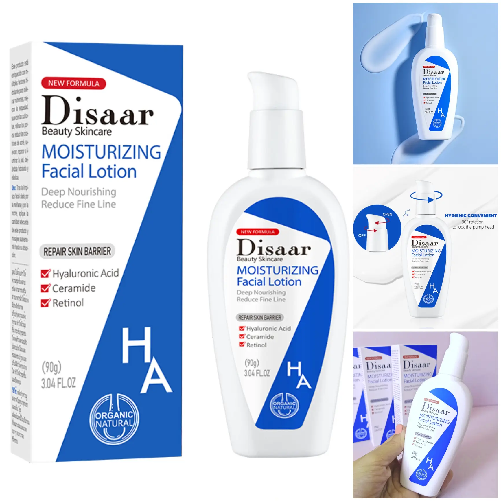 Loción Facial Hidratante Disaar con Ácido Hialurónico, Retinol y Ceramidas - Ofrece hidratación profunda mientras reduce arrugas y líneas finas. El ácido hialurónico retiene humedad, el retinol estimula colágeno para mayor firmeza, y las ceramidas fortalecen la barrera cutánea. Textura ligera de rápida absorción, ideal para todo tipo de pieles (seca, grasa, mixta o sensible). Perfecta para rutinas diurnas o nocturnas. 90ml.