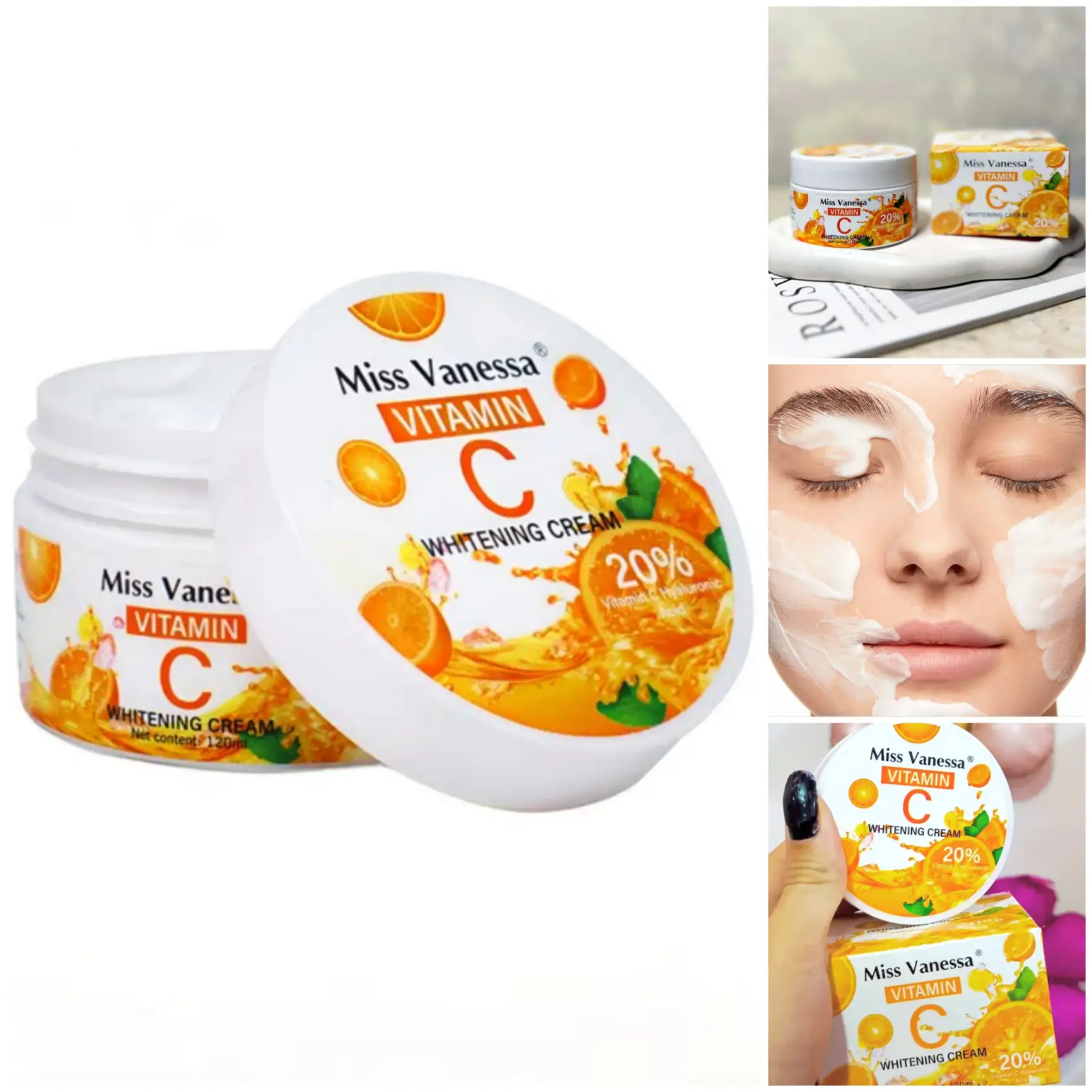 Crema Aclarante Miss Vanessa con 20% Vitamina C + Ácido Hialurónico + Niacinamida: Ilumina manchas, hidrata profundamente y unifica el tono mientras estimula colágeno. Ideal para piel apagada o con signos de edad. Textura ligera que absorbe rápido sin dejar residuos. 120ml.