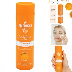 Tónico Facial de Vitamina C American Touch - ilumina instantáneamente la piel opaca, reduce manchas oscuras y combate los signos de envejecimiento gracias a su potente antioxidante. Enriquecido con Aloe Vera para hidratación profunda, Niacinamida para uniformidad y Colágeno para firmeza. Ideal para revitalizar pieles cansadas, secas o con falta de luminosidad. Contiene proteínas de seda y extracto de hamamelis para un acabado suave.200ml.