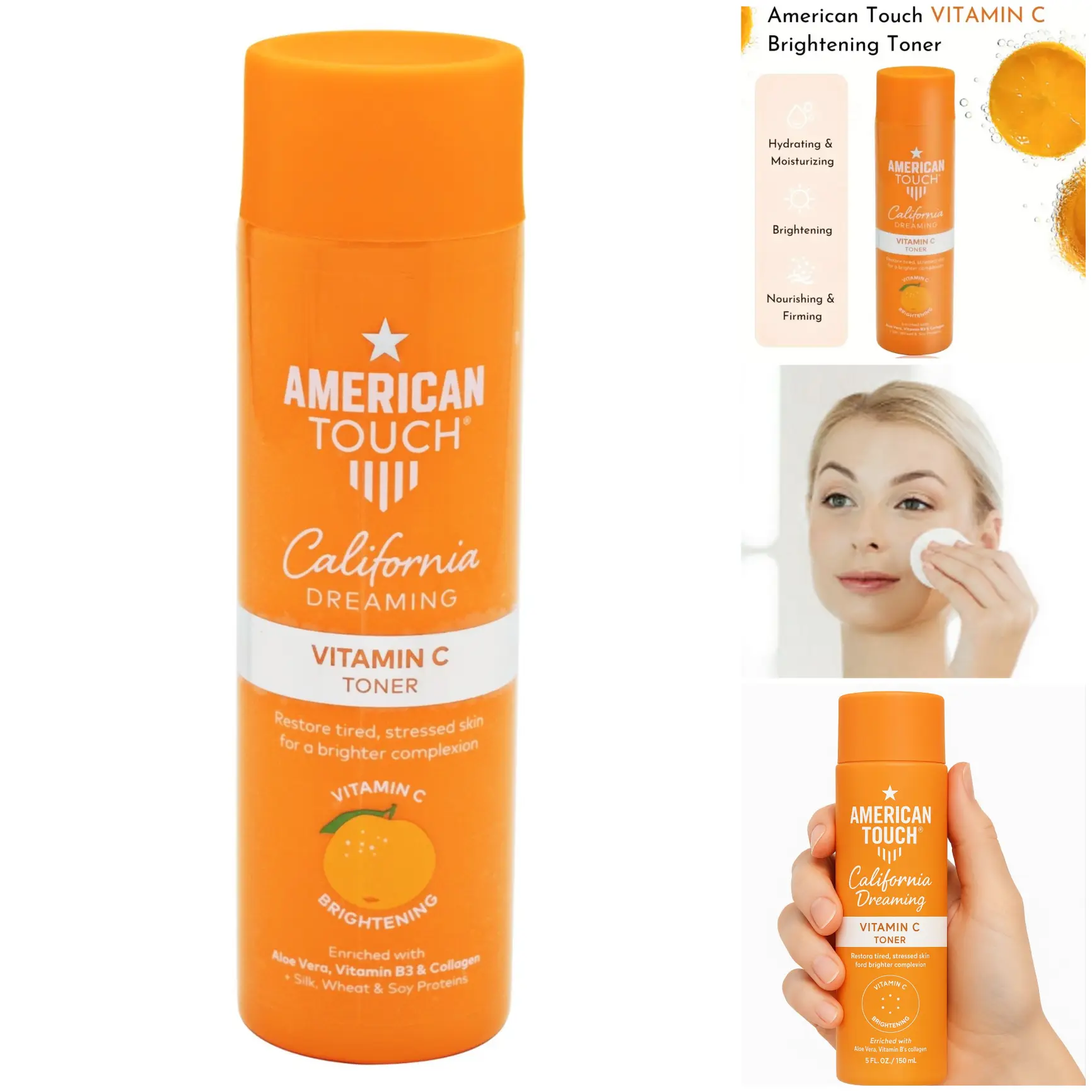 Tónico Facial de Vitamina C American Touch - ilumina instantáneamente la piel opaca, reduce manchas oscuras y combate los signos de envejecimiento gracias a su potente antioxidante. Enriquecido con Aloe Vera para hidratación profunda, Niacinamida para uniformidad y Colágeno para firmeza. Ideal para revitalizar pieles cansadas, secas o con falta de luminosidad. Contiene proteínas de seda y extracto de hamamelis para un acabado suave.200ml.
