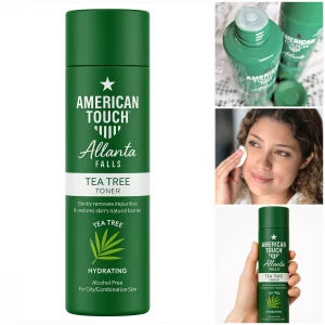 Tónico Facial de Árbol de Té American Touch - Purifica y controla el exceso de grasa en pieles mixtas/grasas, eliminando impurezas y previniendo brotes de acné gracias a sus propiedades antibacterianas. Formulado sin alcohol, hidrata suavemente y calma irritaciones sin resecar. Ideal para poros dilatados y textura irregular. Contiene aceite de árbol de té, ácido salicílico, hamamelis y glicerina para una limpieza profunda pero suave.200ml.