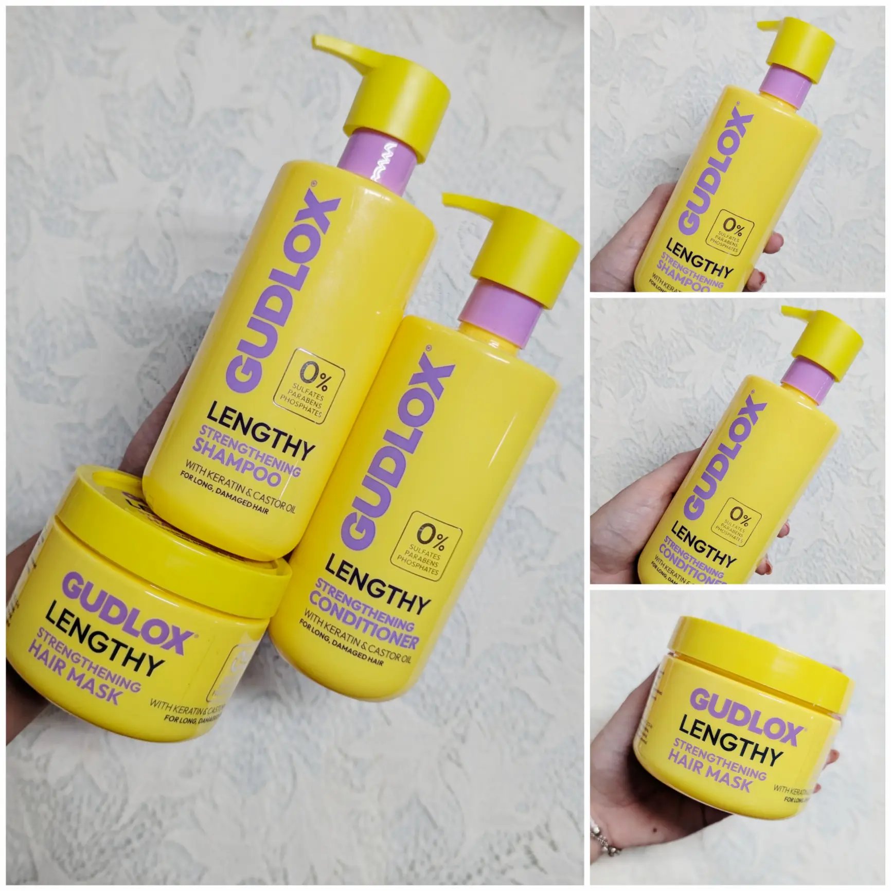 Set capilar Gudlox Lengthy con keratina y aceite de ricino
Este set está formulado con ingredientes fortificantes y reparadores. Su función principal es fortalecer, nutrir y proteger el cabello largo o dañado, ayudando a prevenir el quiebre y mantenerlo saludable y resistente.
Está pensado para cabellos que necesitan resistencia, reparación y cuidado en las puntas, dejándolos más fuertes, suaves y manejables.