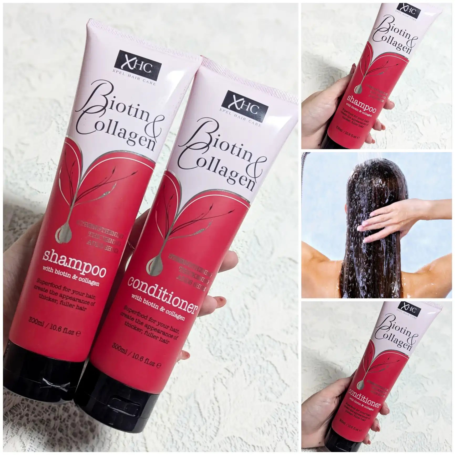 Set capilar XHC Biotin & Collagen
Este set está formulado con biotina y colágeno, dos ingredientes reconocidos por fortalecer el cabello y darle apariencia de mayor grosor. Su función principal es fortalecer, engrosar y dar brillo, ayudando a que el cabello se vea más abundante, saludable y resistente.
Está pensado para cabellos finos, delgados o frágiles, que necesitan cuerpo y vitalidad.