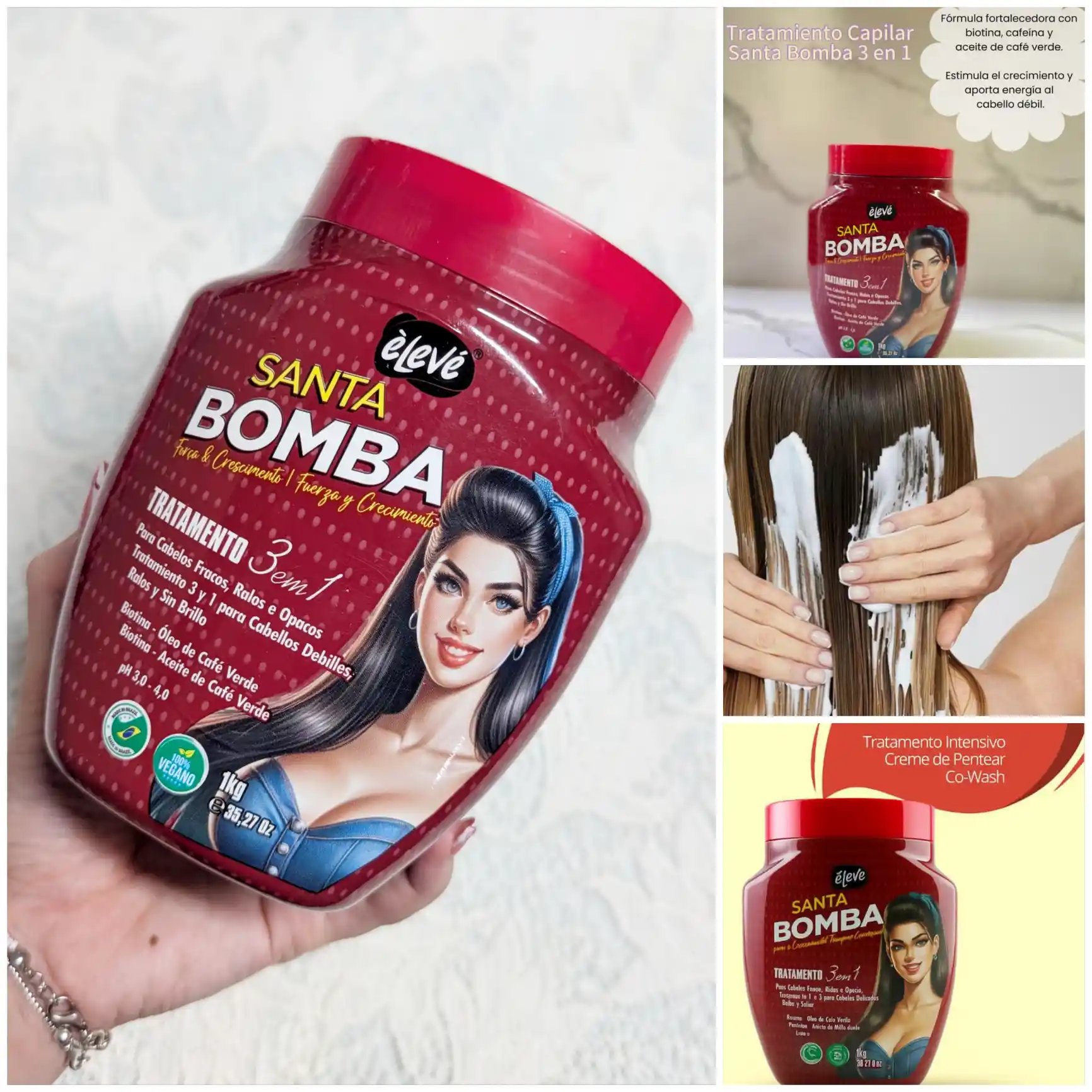 Élevé Santa Bomba – 3 en 1 (Tratamiento + Crema de Peinar + Co-Wash)
Es un tratamiento intensivo diseñado para cabellos débiles, frágiles y opacos. Su fórmula energizante fortalece desde la raíz, estimula el crecimiento y devuelve el brillo natural, dejando el cabello más resistente y saludable.