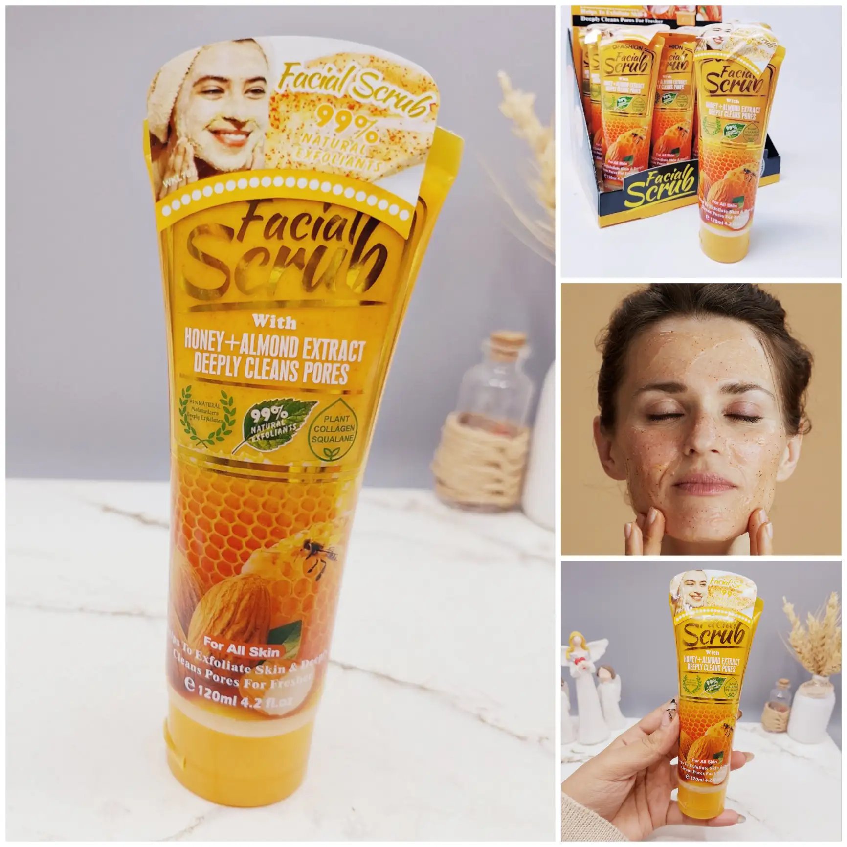 Exfoliante facial con miel y extracto de almendra
Descripción:
Este exfoliante facial está formulado con miel y extracto de almendra para limpiar profundamente los poros, eliminar células muertas y dejar la piel suave y luminosa. Su fórmula combina ingredientes naturales que ayudan a mantener la hidratación y mejorar la textura del rostro.