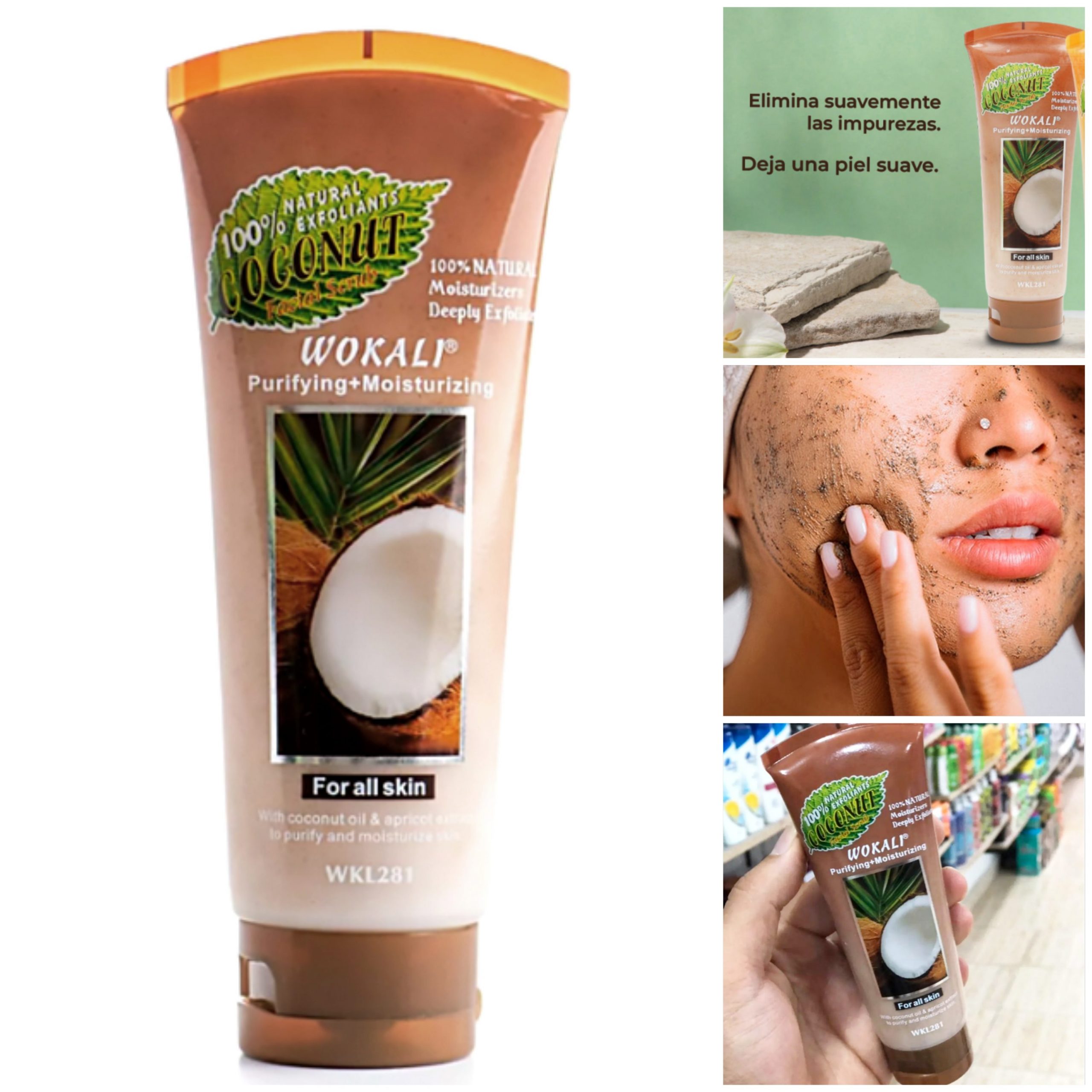 Exfoliante facial y corporal de coco
Está diseñado para limpiar profundamente la piel mientras la hidrata, gracias a su fórmula con aceite de coco y extractos naturales. Este exfoliante ayuda a eliminar las células muertas y las impurezas sin resecar, dejando la piel suave, luminosa y con un agradable aroma tropical.