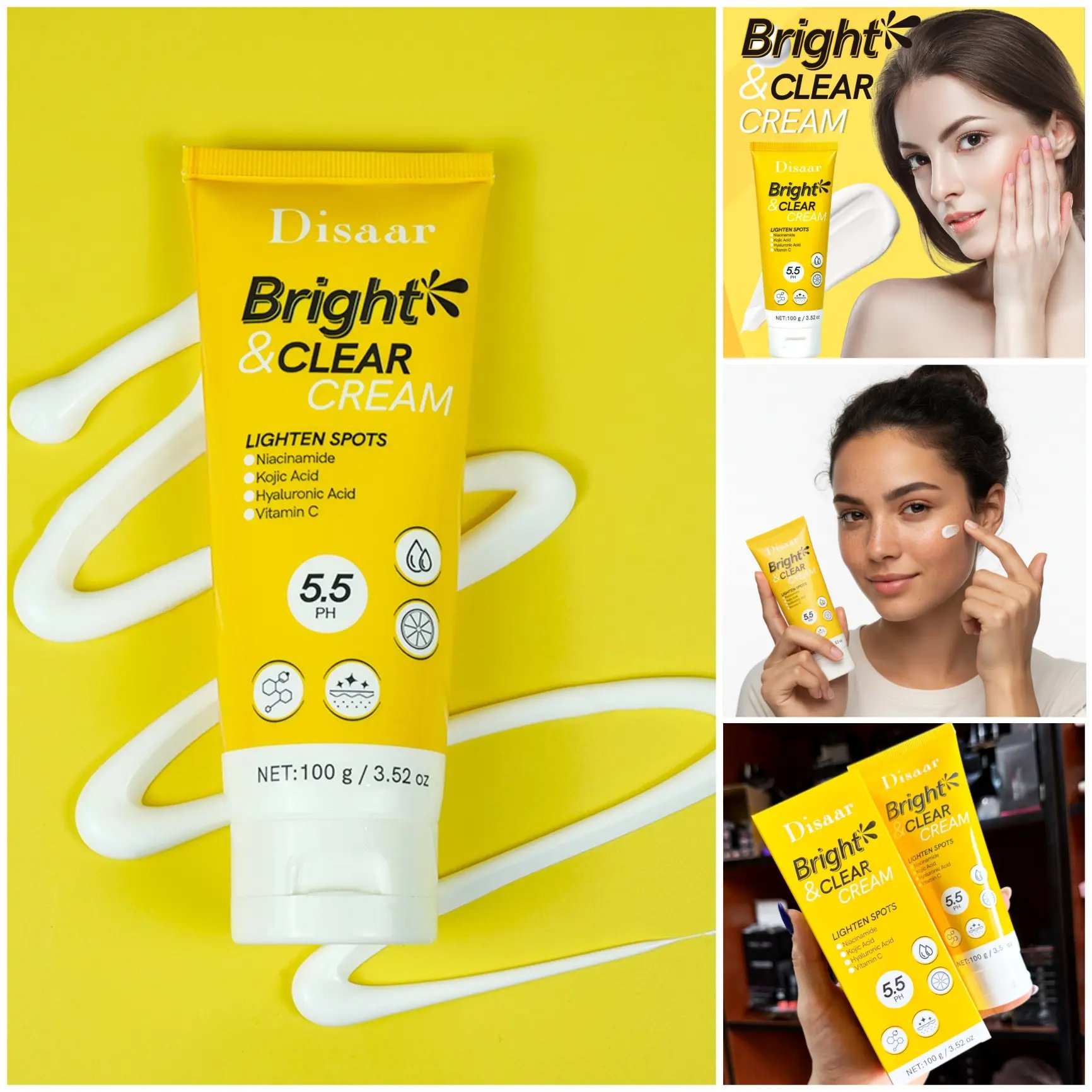 Crema Iluminadora y Aclarante
Esta fórmula intensiva está diseñada para aclarar las manchas oscuras (hiperpigmentación) e iluminar la tez, a la vez que proporciona una hidratación profunda. Su mezcla de potentes ingredientes despigmentantes y antioxidantes con un pH de 5.5 garantiza que la piel recupere su tono uniforme y su barrera protectora se mantenga saludable.